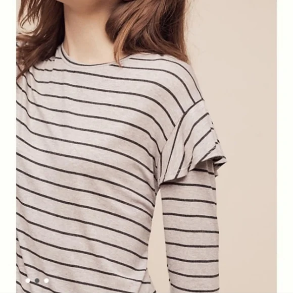 Anthropologie Dolan Small Binny Top Gray Striped Ruffle Shoulder - Picture 2 of 11